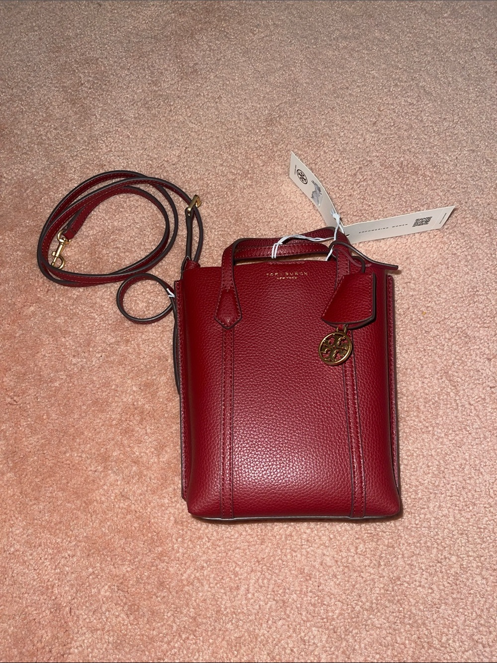 Tory Burch Burgundy Pebbled Leather Crossbody with Gold Logo Charm NO OFFER